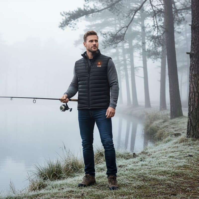 LAVA MAN Lifestyle image of a man fishing outdoors wearing a Magnetar heated vest, quilted design for warmth during cold and misty weather.