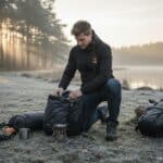 Lifestyle afbeelding van zwarte verwarmde hoodie met Magnetar Heat logo, gedragen tijdens outdoor kamperen bij koud weer