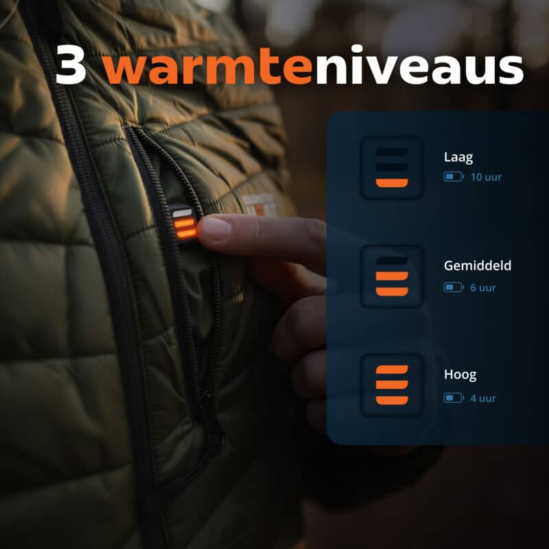Detailfoto van een olijfgroen verwarmd vest met de drie warmteniveaus en bijbehorende batterijduur in een infographic.