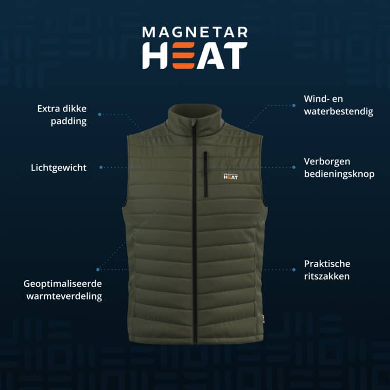 Olijfgroen verwarmd vest met extra dikke padding, wind- en waterbestendig materiaal en geoptimaliseerde warmteverdeling.