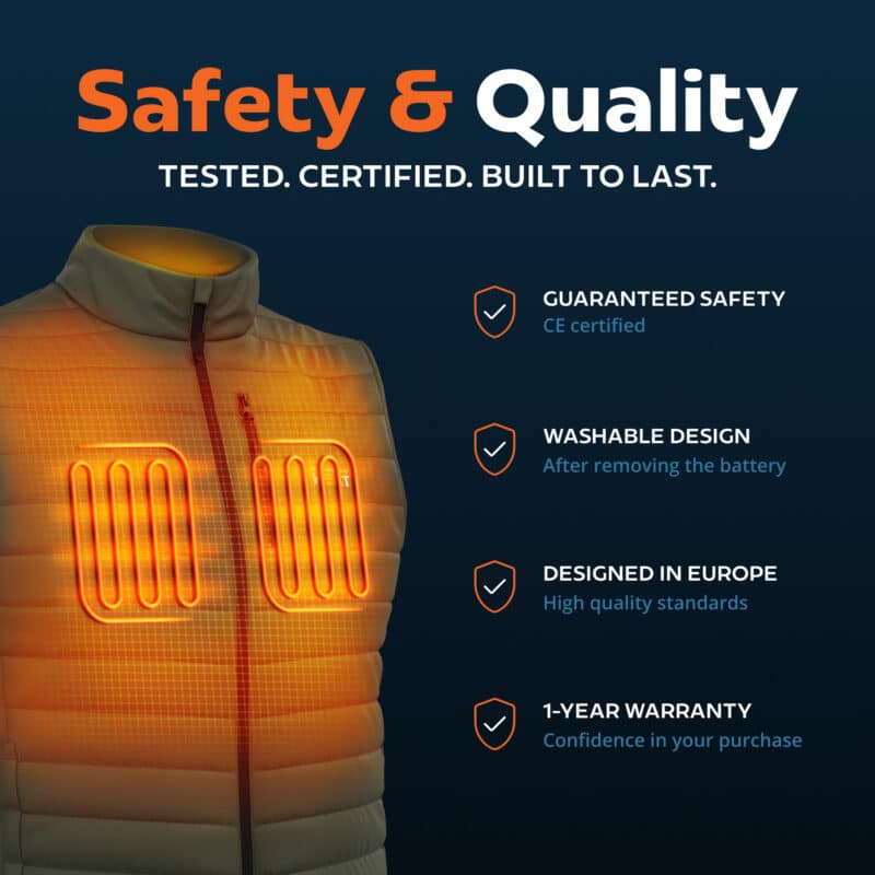 Product image of a Magnetar heated bodywarmer showing integrated heating panels, CE certified, washable after battery removal, with 1 year warranty.