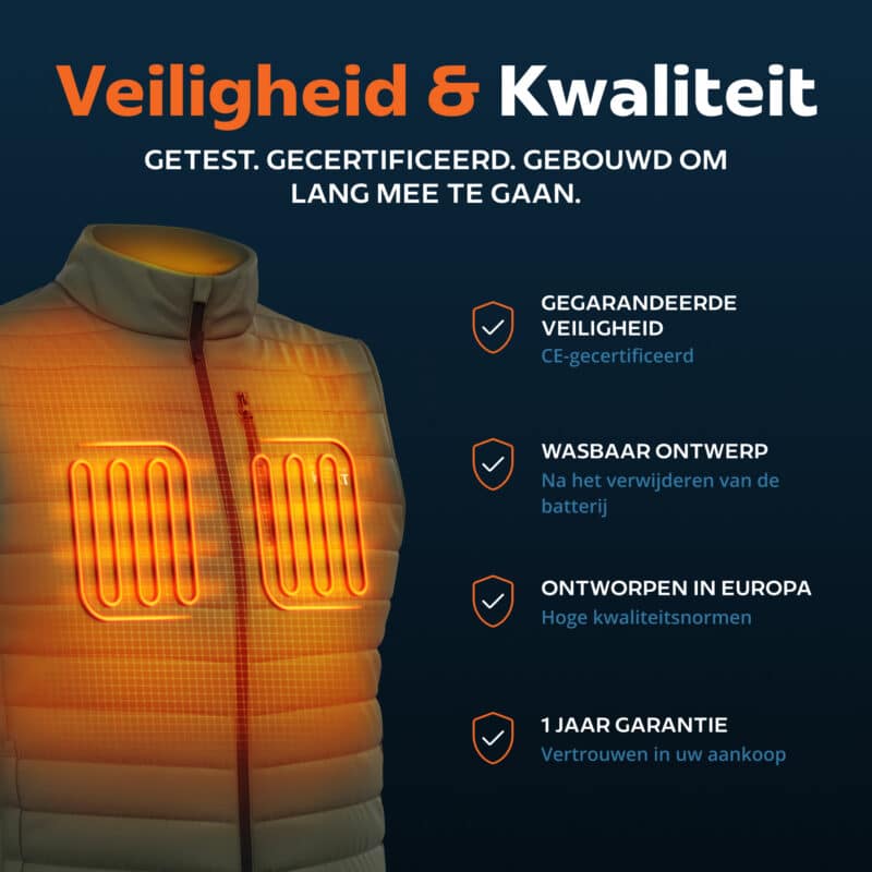 USP afbeelding van een wasbare verwarmde bodywarmer met CE-certificering, Europese kwaliteit en 1 jaar garantie.