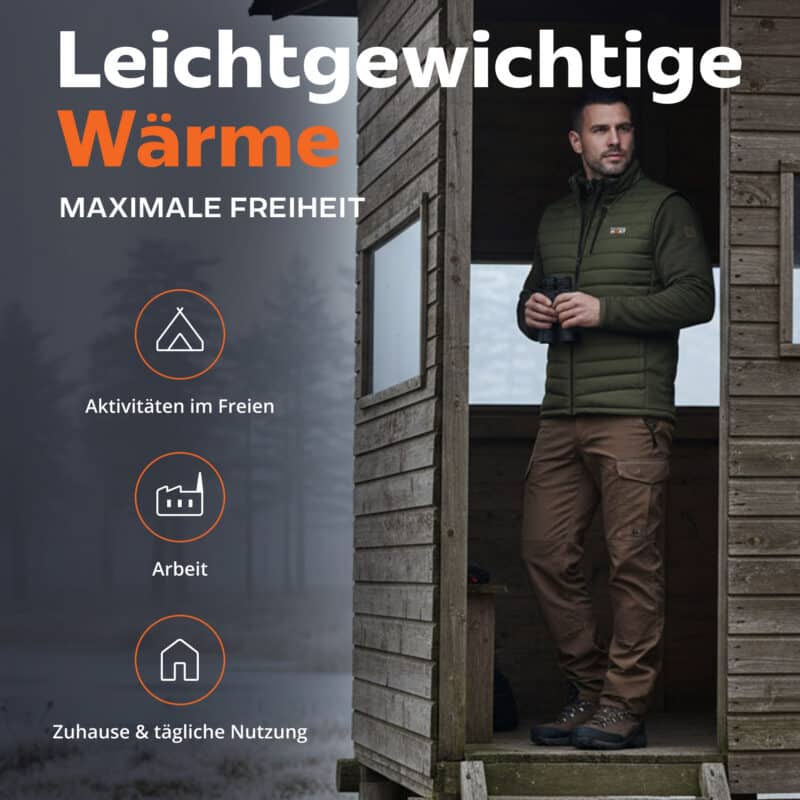 Lifestylebild leichte beheizbare Magnetar Heat Weste für Outdoor, Arbeit und Alltag, kabellose Wärme bei kalten Temperaturen