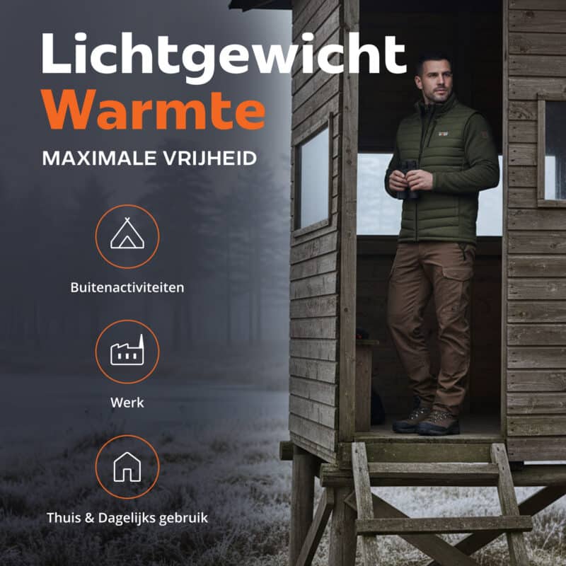 Lifestyle afbeelding van een man in een verwarmde bodywarmer, ideaal voor buitenactiviteiten, werk en dagelijks gebruik.
