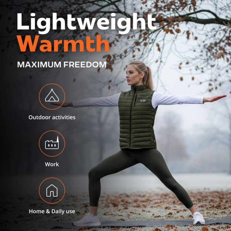 Lifestyle image van een verwarmde bodywarmer gedragen door een vrouw tijdens yoga in de buitenlucht. Lichtgewicht ontwerp dat bewegingsvrijheid geeft voor outdoor activiteiten, werk en dagelijks gebruik.