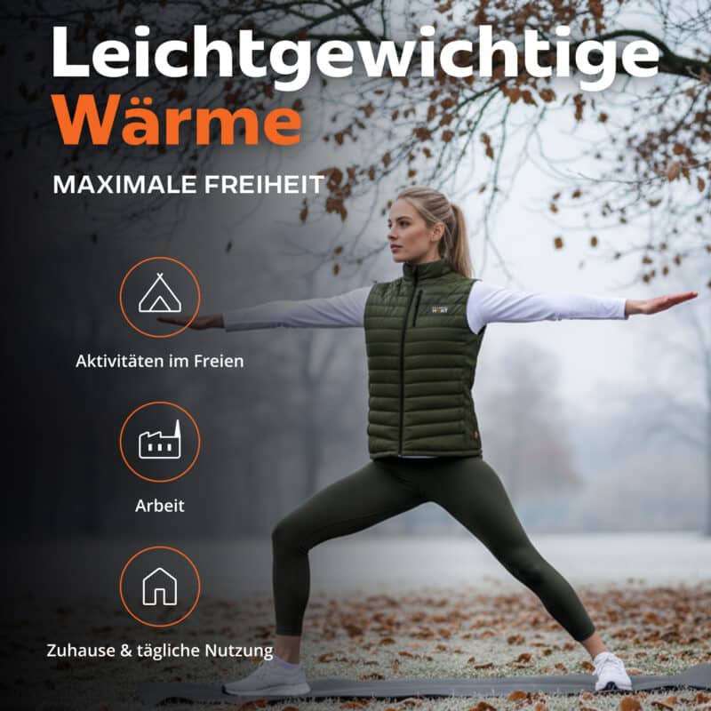 Lifestylebild leichte beheizbare Magnetar Heat Weste für Damen bei Outdoor-Aktivität, flexible Passform, kabellose Wärme für Alltag und Bewegung