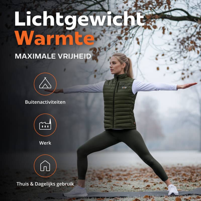 Lifestyle afbeelding van Magnetar verwarmd vest voor buiten en dagelijks gebruik, lichtgewicht gewatteerd vest gedragen tijdens yoga in koud weer.