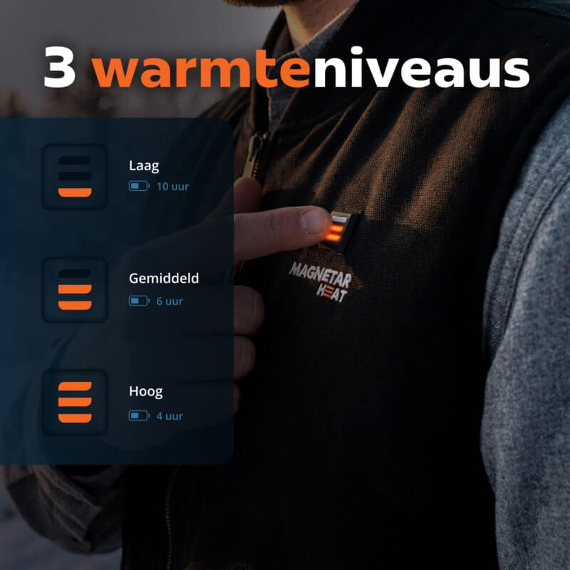 Detailafbeelding van Magnetar verwarmd vest met bedieningsknop, toont drie warmteniveaus met LED-indicator en accuduur.