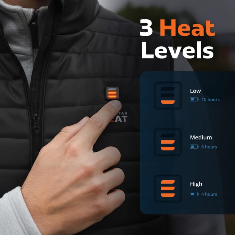 Detail photo of Magnetar heated vest showing button control with heat level indicator for low, medium, and high warmth settings