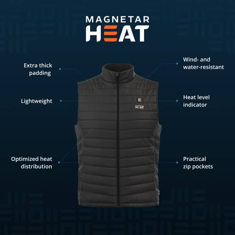Magnetar heated vest product photo showing lightweight insulated design with heat indicator, wind and water resistance, zip pockets, and padded warmth