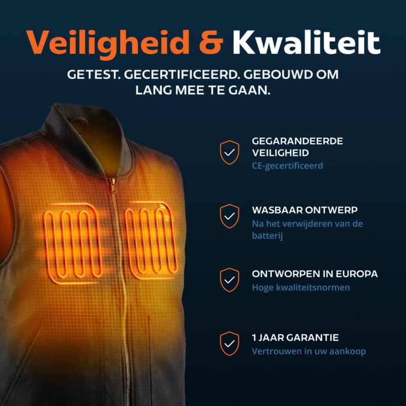 USP afbeelding van Magnetar verwarmd vest met zichtbare warmtepanelen, toont CE-certificering, wasbaar ontwerp en 1 jaar garantie.
