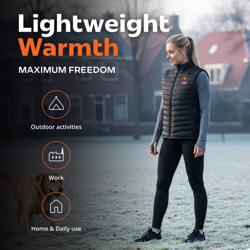 Lightweight heated vest worn by woman walking outdoors, sleeveless insulated design for warmth during work and daily use