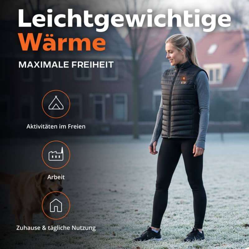 Lifestylebild leichte beheizbare Magnetar Heat Weste für Damen beim Spaziergang im Freien, kabellose Wärme für Outdoor, Arbeit und Alltag