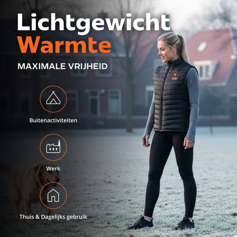 Lifestyle afbeelding van Magnetar verwarmd vest tijdens wandelen met hond, lichtgewicht gewatteerd vest voor buiten, werk en dagelijks gebruik.