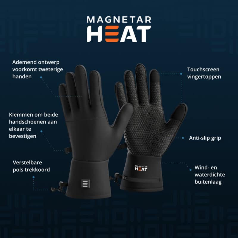 USP foto van zwarte Magnetar Heat handschoenen met touchscreen vingertoppen, anti-slip grip en een wind- en waterdichte buitenlaag.