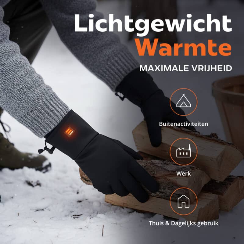 Lifestyle afbeelding van zwarte verwarmde handschoenen tijdens outdoor gebruik in de sneeuw voor werk en vrije tijd.