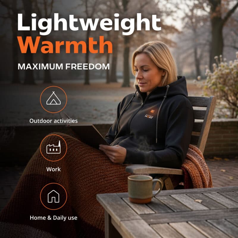 Lifestyle image of a heated hoodie worn by a woman relaxing outdoors on a cold morning, lightweight black design for home, work, and daily use.