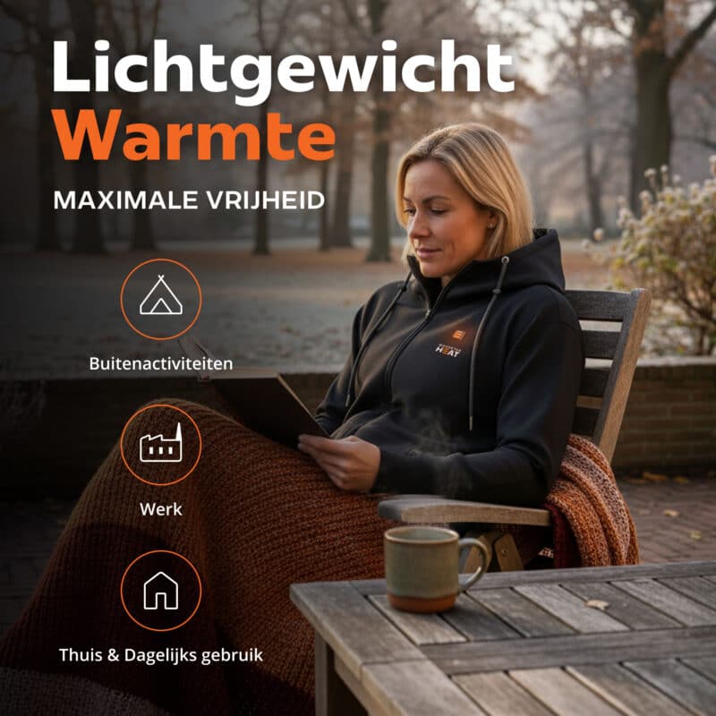 Lifestyle afbeelding van Magnetar verwarmde hoodie tijdens ontspannen buiten, lichtgewicht hoodie met warmtefunctie voor dagelijks gebruik.