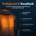 USP afbeelding van Magnetar verwarmde jas met zichtbare warmtepanelen, toont CE-certificering, wasbaar ontwerp en 1 jaar garantie.