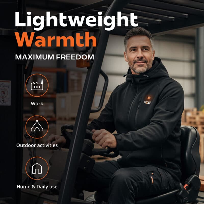 Lifestyle image of a heated work hoodie worn by a forklift driver in a warehouse, lightweight black design for work, outdoor activities, and daily use.