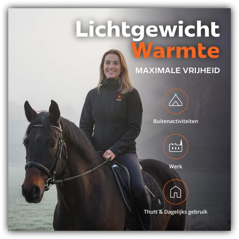 Lifestyle afbeelding van Magnetar verwarmde jas tijdens paardrijden, lichtgewicht softshell met warmtefunctie voor buiten en dagelijks gebruik.