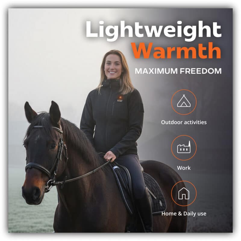 Lifestyle image of a heated riding jacket worn by a woman horseback riding on a cold morning, lightweight design for outdoor, work, and daily use.
