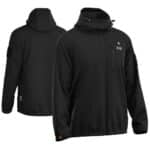 Front and back view of Magnetar heated softshell jacket with hood, black design, zip closure, and insulated lining for outdoor and work use