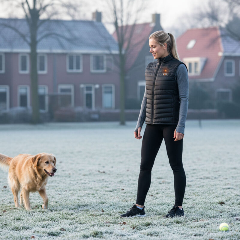 Vest_Black_woman_park Heated vest worn by a woman walking her dog on a frosty morning, black padded design with built-in heating for outdoor use.