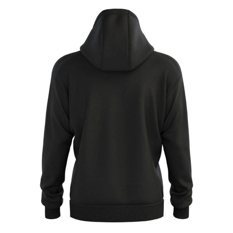 Achterzijde van zwarte Magnetar verwarmde hoodie met capuchon en lange mouwen, strakke productfoto voor werk en outdoor gebruik