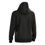 Achterkant van een zwarte hoodie met capuchon en elastische boorden, ideale merchandise voor outdoor hobbyisten.