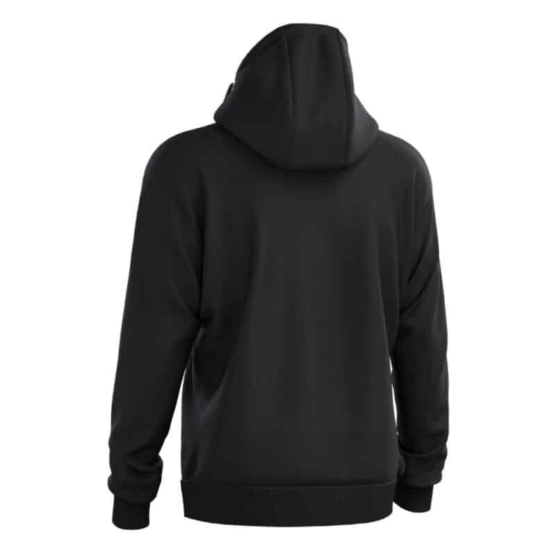 Schuin achteraanzicht van zwarte Magnetar verwarmde hoodie met capuchon en lange mouwen, productfoto voor werk en outdoor gebruik