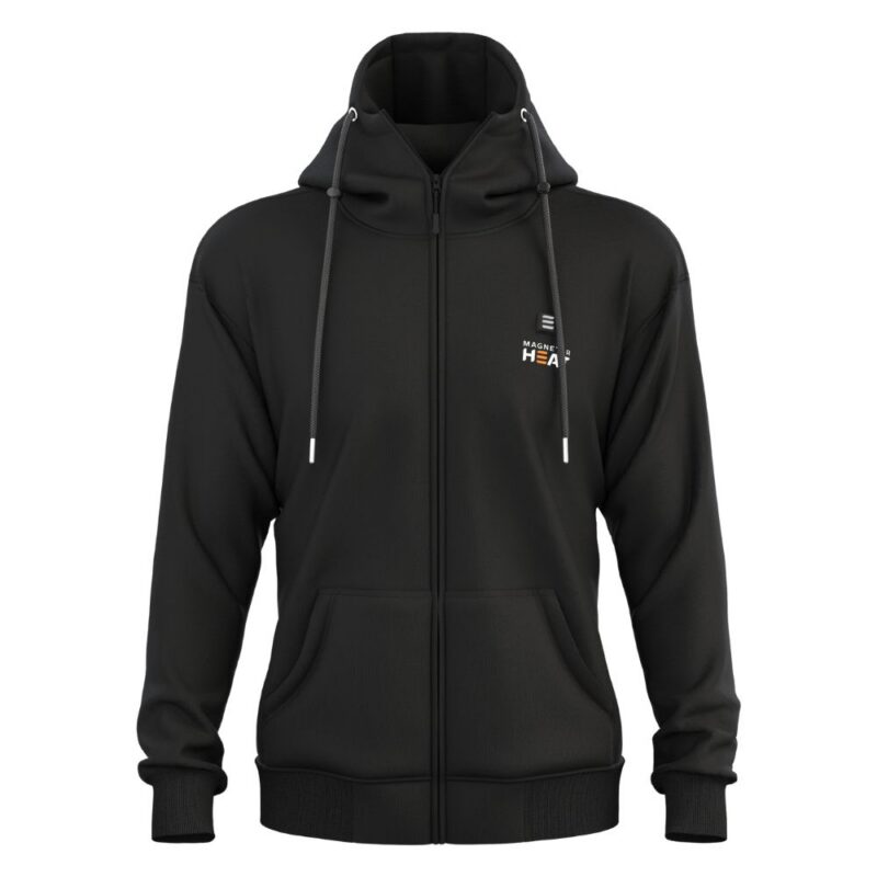 ETNA VOORKANT Zwarte Magnetar verwarmde hoodie met rits, capuchon en trekkoorden, productfoto geschikt voor werk en outdoor gebruik