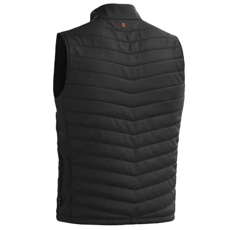 Schuin achteraanzicht van zwart Magnetar verwarmd vest met doorgestikte isolatie en opstaande kraag, productfoto voor werk en outdoor gebruik