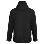 Productfoto van zwarte verwarmde jas met capuchon, achteraanzicht, softshell materiaal zonder zichtbare elementen, geschikt voor werk en outdoor gebruik
