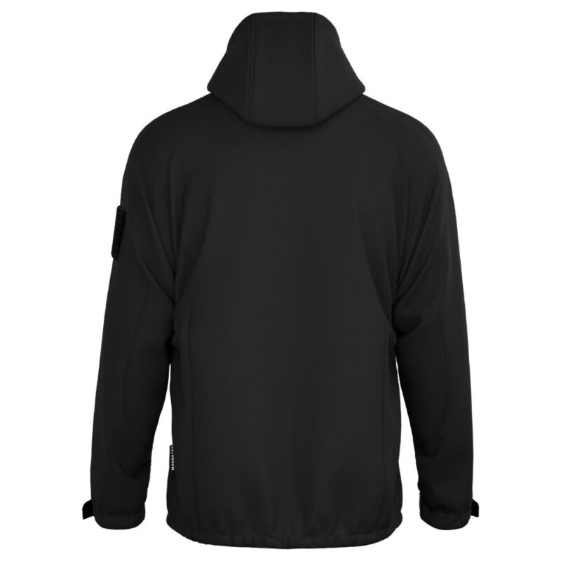 Productfoto van zwarte verwarmde jas met capuchon, achteraanzicht, softshell materiaal zonder zichtbare elementen, geschikt voor werk en outdoor gebruik