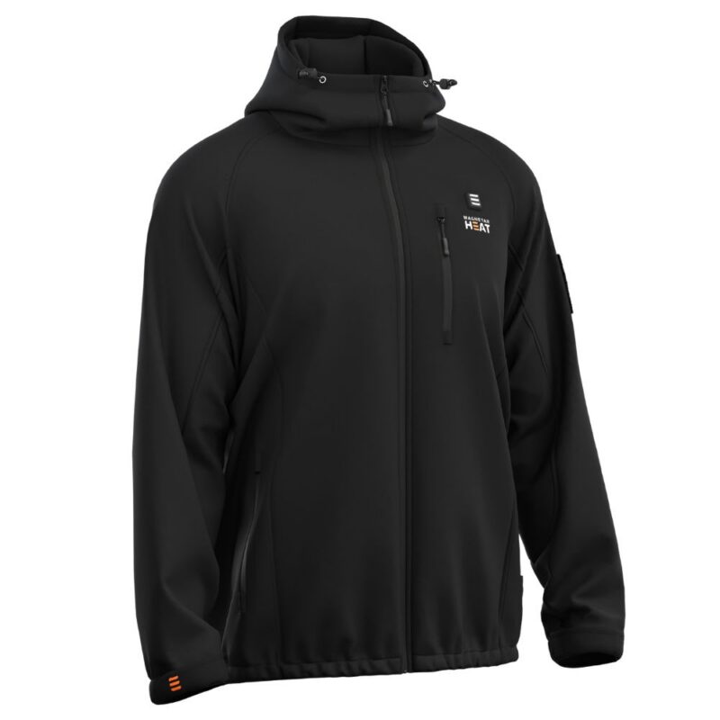 Productfoto van zwarte verwarmde jas met capuchon en ritssluiting, softshell stof met borstzak en mouwdetail, geschikt voor werk en outdoor gebruik