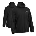 Productfoto van zwarte verwarmde jas met capuchon, voor en achteraanzicht, softshell met borstzak en mouwdetail, geschikt voor werk en outdoor gebruik